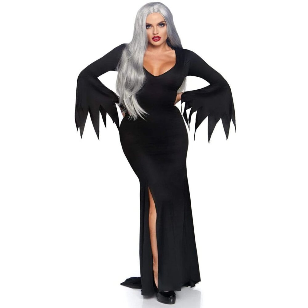 Floor Length Bodycon Gothic Dress with High Leg Side Slit and Plunging V-Cut